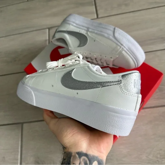 NIKE BLAZER LOW WHITE SILVER PLATFORM SNEAKERS - Picture 3 of 4